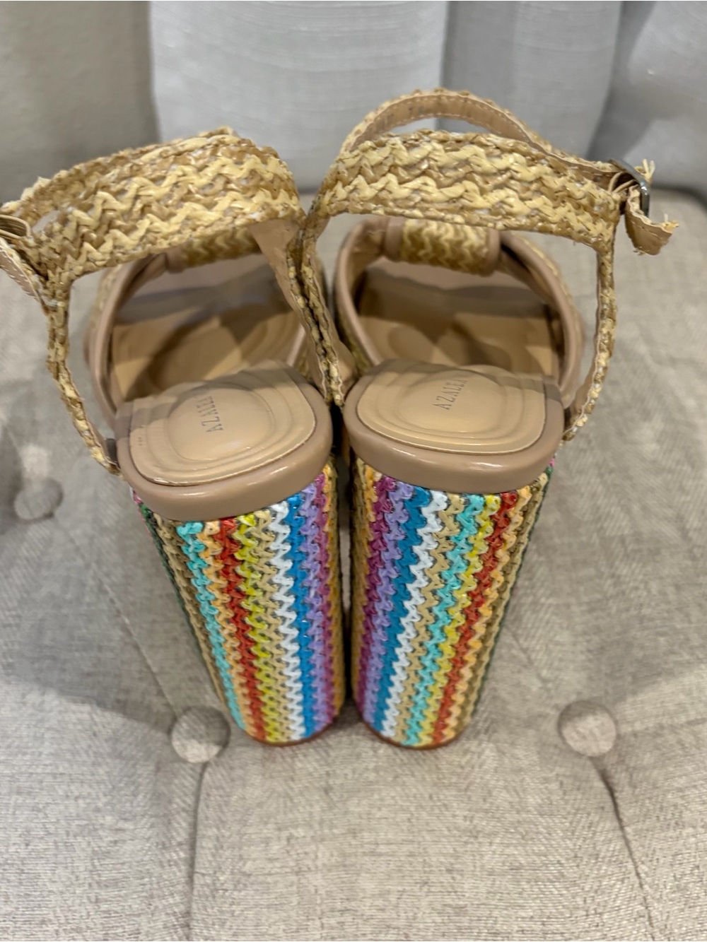 Aselea Wang Beige Braided Platform Sandals with Multicolor Trim - Picture 6 of 7